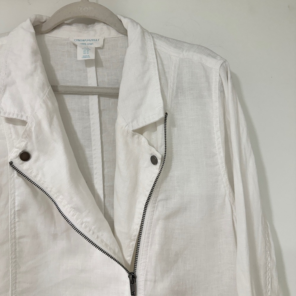 Cynthia Rowley White 100% Linen Asymmetrical Zip Moto Jacket Womens Size XL